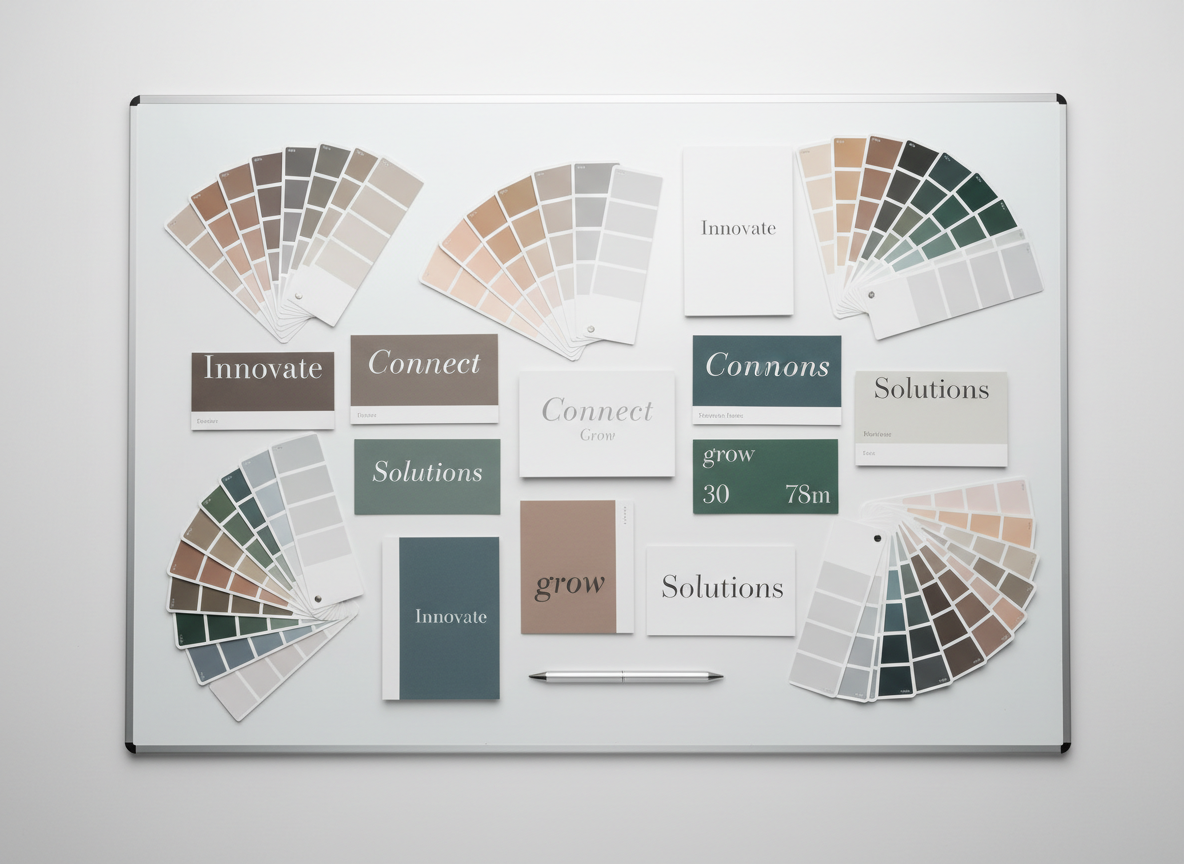 A meticulously arranged set of color swatches and typography samples fanned out across a broad, snowy-white drafting board. The swatches feature understated, muted neutrals and soft accent colors suitable for professional websites. Alongside, a slim silver stylus and a minimalist notepad hint at the thoughtful design process. The space is illuminated by cool, even studio lighting, enhancing the crispness of the samples and emphasizing the organized workflow. Composed from a direct top-down angle, the image maintains symmetry and visual clarity. The atmosphere is orderly and inspired, with a photographic realism and corporate, clean aesthetic suitable for a web design studio catering to small businesses.