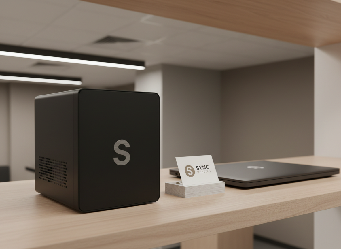 A compact black web server device with a subtle brushed steel logo, resting on a smooth, light ash wood shelf. Nearby, a stack of simple, branded business cards and a closed laptop hint at the support and hosting services offered. The environment is an uncluttered, well-lit office area with neutral taupe walls and clean architectural lines. Overhead soft white LED lighting bathes the scene in a consistent, balanced brightness, creating delicate shadows beneath the server and accessories. The mood is dependable and secure, captured with sharp focus and a slightly elevated angle. The aesthetic is photographic and contemporary, emphasizing trustworthiness, simplicity, and ongoing client support.