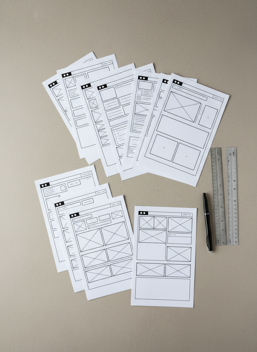 A collection of neatly stacked sample web design wireframes laid out across a textured, neutral grey tabletop. The wireframes are printed on crisp white paper, showing clear, structured layouts and purposeful, minimal design elements. Matte-finished metallic rulers and a fine-tip black pen are arranged beside the papers, suggesting ongoing creative work. Soft, even artificial lighting eliminates harsh shadows and produces a gentle glow, highlighting the clean surfaces and straight edges. Taken from a bird’s-eye view, the centered composition accentuates organization and professionalism. The atmosphere is focused and methodical, with a photographic, clean, and corporate style that reinforces the business’s hands-on, practical approach to web design.