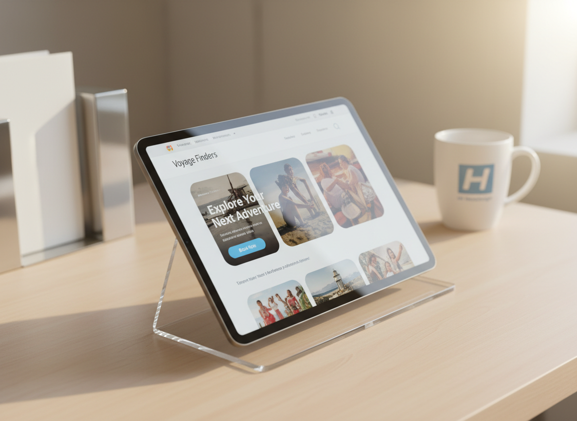 A close-up of a modern tablet with a pristine glass screen, displaying a vibrant, mobile-friendly web page mockup. The tablet rests diagonally on a clear, light-grey acrylic stand atop an uncluttered, matte-finish workspace. In the softly blurred background, a simple branded mug and a pair of silver geometric bookends add subtle accents. Natural morning light filters in from the edge, creating bright highlights on the tablet and soft gradations on the desktop. Shot with a shallow depth of field and rule of thirds composition, the mood feels polished, accessible, and user-centric—evoking HI Webdesign’s commitment to clean, easy-to-use interfaces. The style is photographic, with a balance of professionalism and warmth.