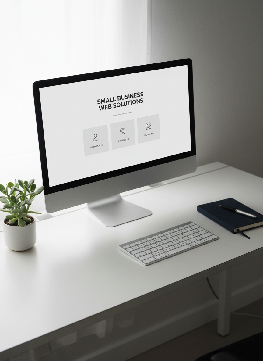 A sleek modern computer monitor with a crisp, minimalist website displayed on its screen, positioned on a clean white desk with a subtle matte finish. Around the monitor, there are a few carefully arranged office accessories—an elegant wireless keyboard, a navy blue notebook, and a potted green succulent, all organized to reinforce a sense of order. The workspace is bathed in soft, diffused daylight streaming through a nearby window, casting gentle, natural highlights and soft shadows that emphasize the clean lines and structured layout. Captured from a slightly elevated angle, the composition follows balanced principles with neutral tones of grey and white. The image radiates professionalism and clarity, with a photographic realism and understated, modern aesthetic, perfectly aligned with the theme of practical web design for small businesses.