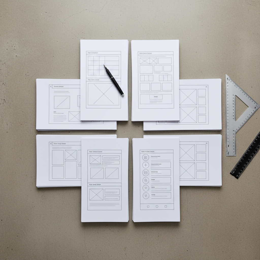 A collection of neatly stacked sample web design wireframes laid out across a textured, neutral grey tabletop. The wireframes are printed on crisp white paper, showing clear, structured layouts and purposeful, minimal design elements. Matte-finished metallic rulers and a fine-tip black pen are arranged beside the papers, suggesting ongoing creative work. Soft, even artificial lighting eliminates harsh shadows and produces a gentle glow, highlighting the clean surfaces and straight edges. Taken from a bird’s-eye view, the centered composition accentuates organization and professionalism. The atmosphere is focused and methodical, with a photographic, clean, and corporate style that reinforces the business’s hands-on, practical approach to web design.