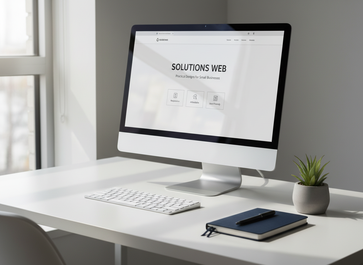 A sleek modern computer monitor with a crisp, minimalist website displayed on its screen, positioned on a clean white desk with a subtle matte finish. Around the monitor, there are a few carefully arranged office accessories—an elegant wireless keyboard, a navy blue notebook, and a potted green succulent, all organized to reinforce a sense of order. The workspace is bathed in soft, diffused daylight streaming through a nearby window, casting gentle, natural highlights and soft shadows that emphasize the clean lines and structured layout. Captured from a slightly elevated angle, the composition follows balanced principles with neutral tones of grey and white. The image radiates professionalism and clarity, with a photographic realism and understated, modern aesthetic, perfectly aligned with the theme of practical web design for small businesses.